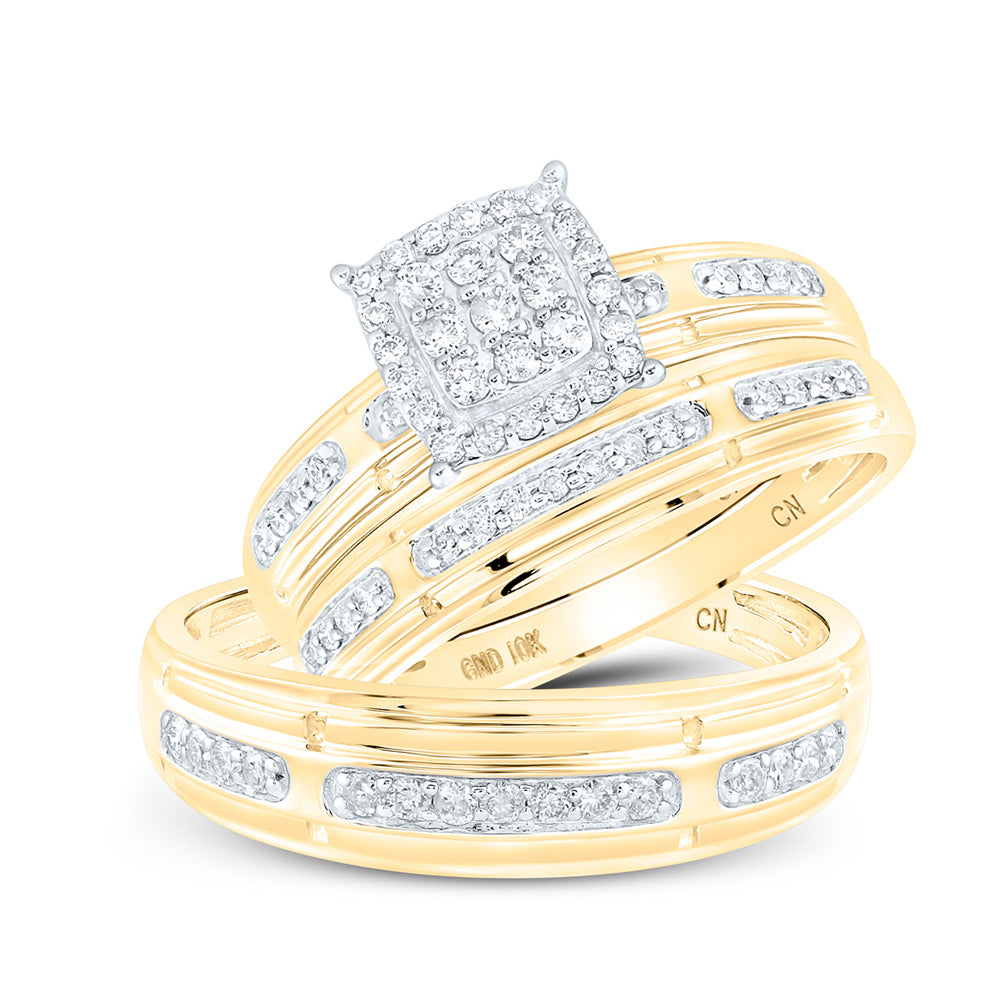 10K White Or Yellow Gold His Hers Round Diamond Cluster Matching Wedding Set , Womens Size: 5-10, Mens Size: 7-13