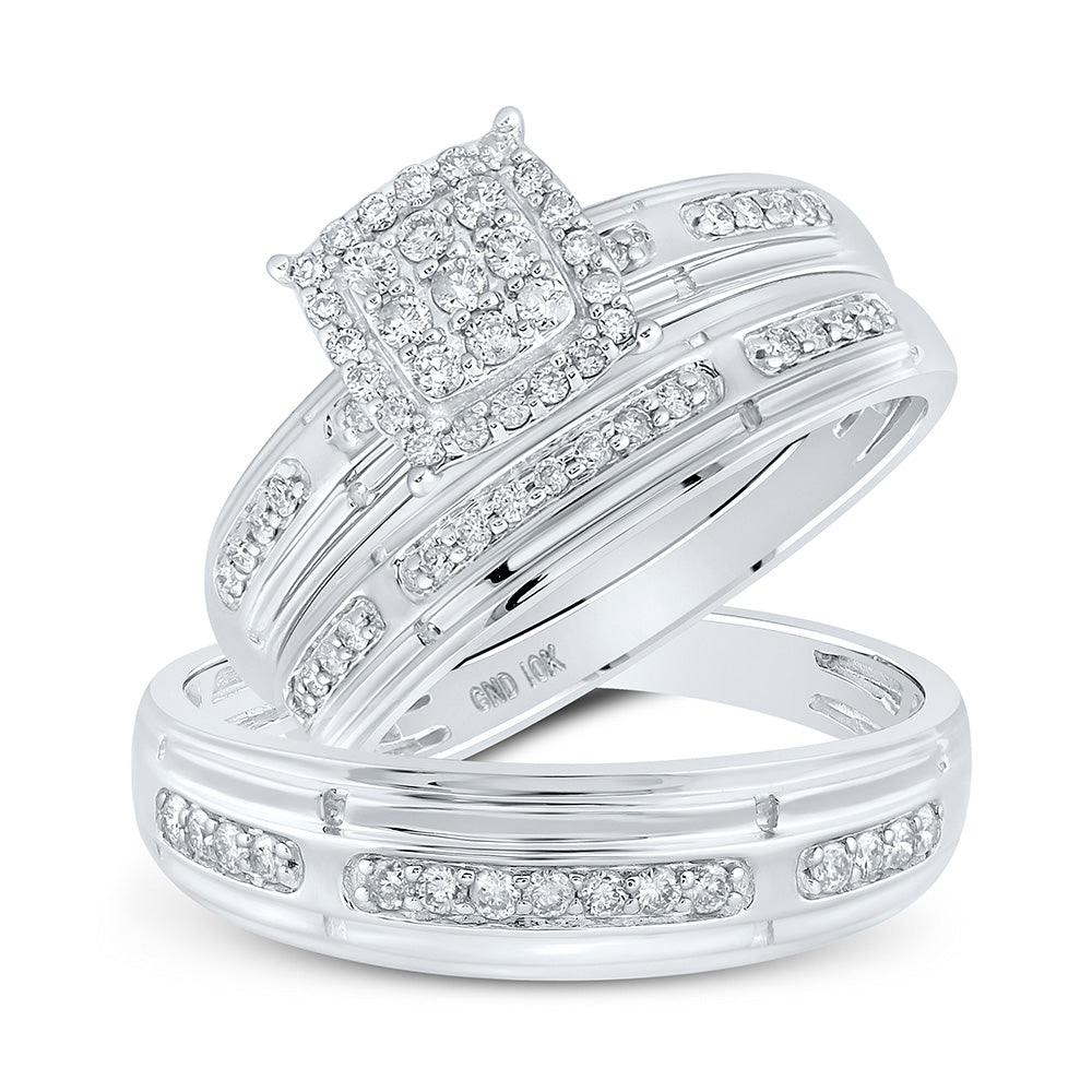 10K White Or Yellow Gold His Hers Round Diamond Cluster Matching Wedding Set , Womens Size: 5-10, Mens Size: 7-13