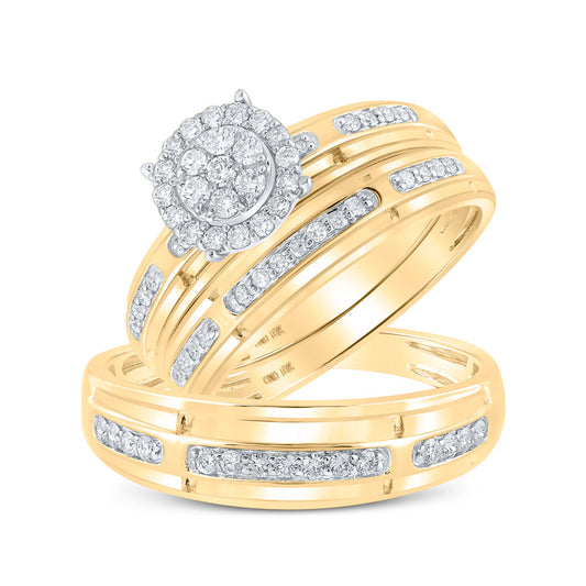 10K Yellow Gold His Hers Round Diamond Cluster Matching Wedding Set 1/2 Cttw, Womens Size: 5-10, Mens Size: 7-13