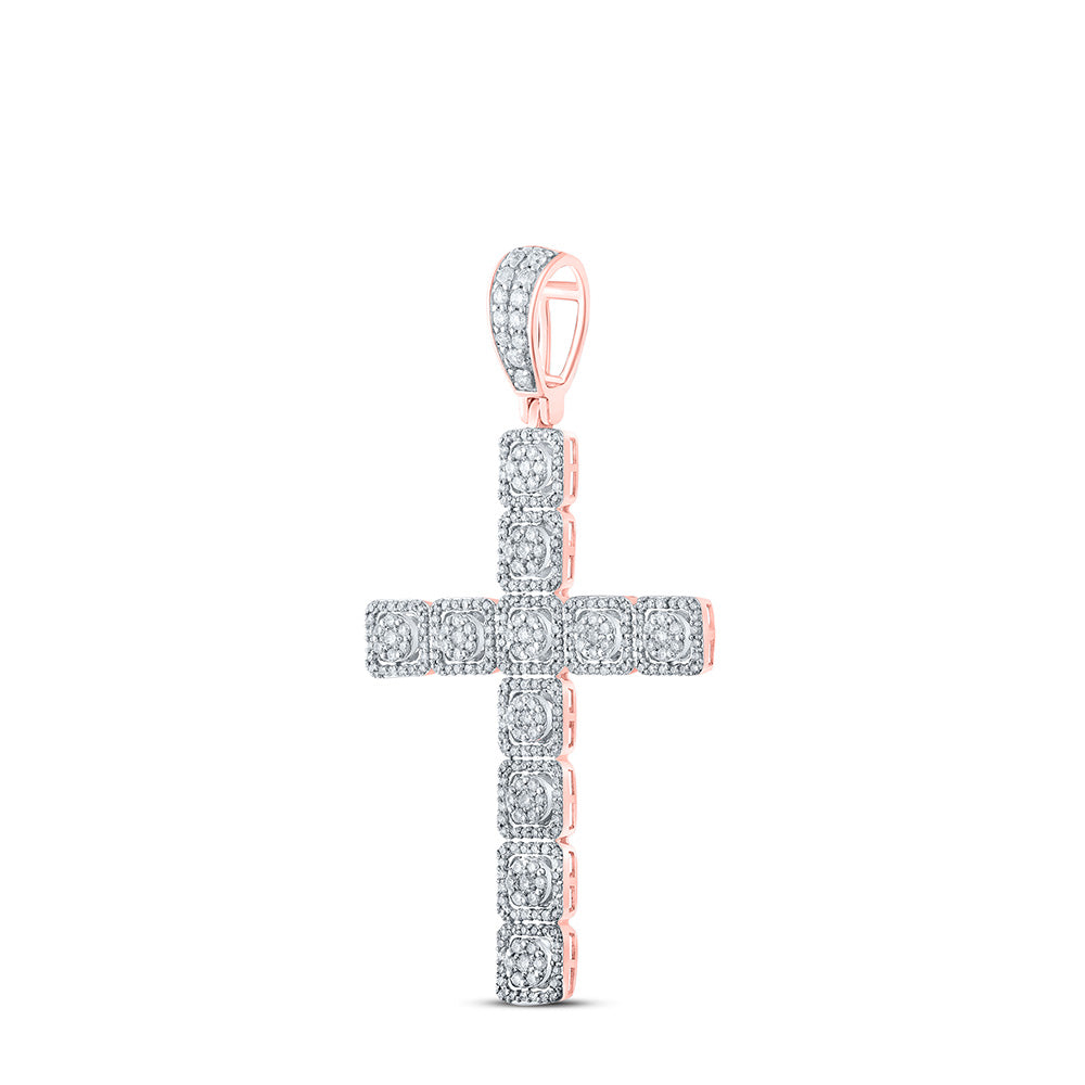 10K Rose Gold Mens Round Diamond Cross Charm Pendant 1-1/2 Cttw