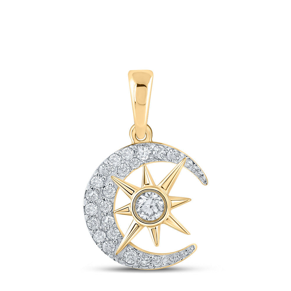 10K White Or Yellow Gold Womens Round Diamond Crescent Moon Star Pendant
