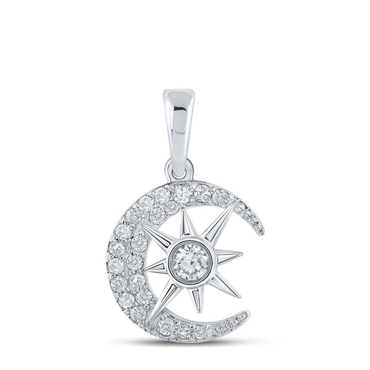 10K White Or Yellow Gold Womens Round Diamond Crescent Moon Star Pendant