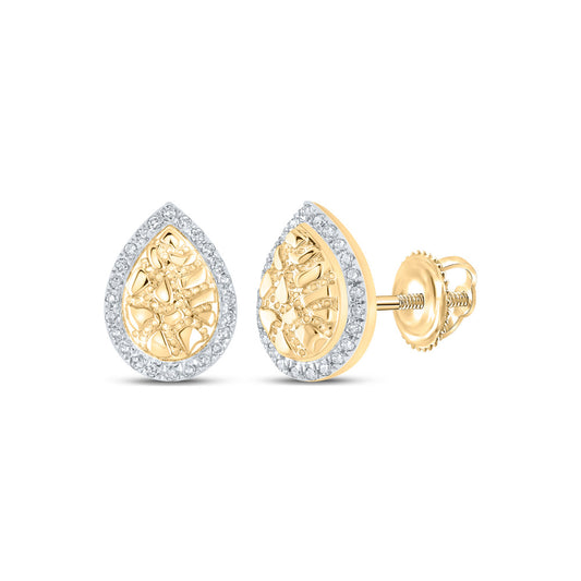 10K Yellow Gold Womens Round Diamond Nugget Teardrop Earrings 1/10 Cttw