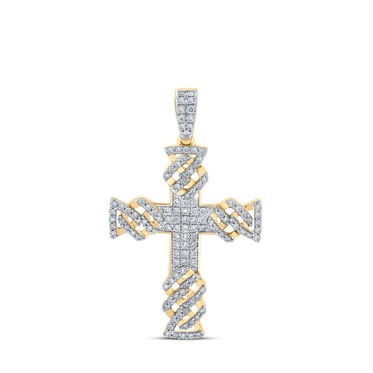 10K Yellow Gold Mens Round Diamond Cross Charm Pendant 1-3/8 Cttw
