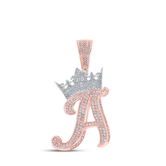10K Yellow Or Rose Gold Mens Round Diamond Crown Letter Charm Pendant