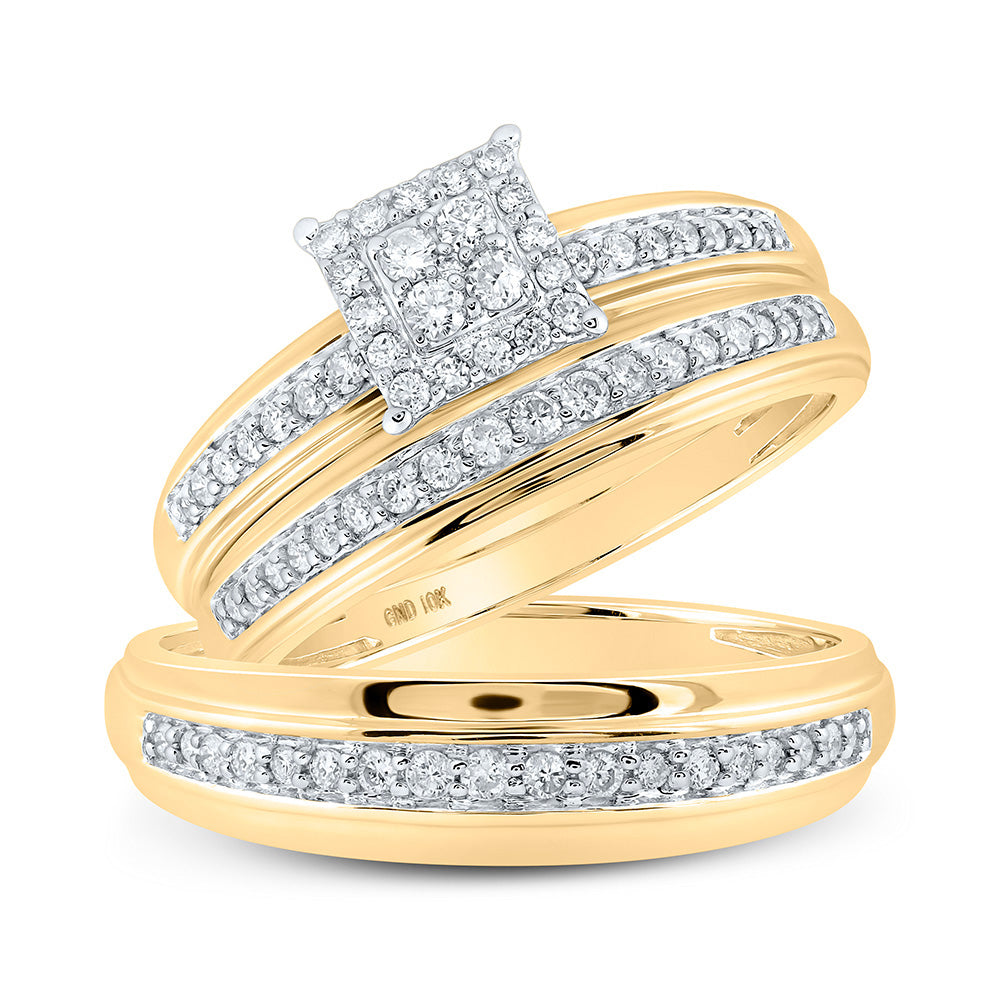 10K Yellow Gold His Hers Round Diamond Square Matching Wedding Set 1/2 Cttw, Womens Size: 5-10, Mens Size: 7-13