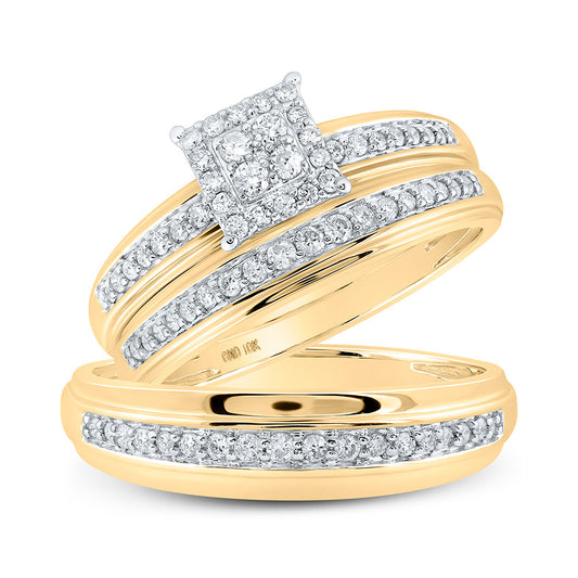 10K Yellow Gold His Hers Round Diamond Square Matching Wedding Set 1/2 Cttw, Womens Size: 5-10, Mens Size: 7-13
