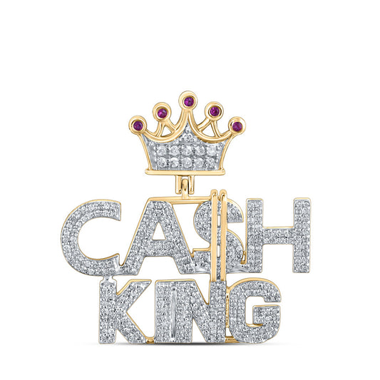 10K Yellow Gold Mens Round Diamond Cash King Crown Phrase Charm Pendant 1/2 Cttw