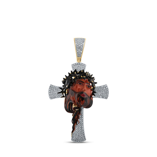10K Yellow Gold Mens Round Diamond Jesus Cross Charm Pendant 1/2 Cttw