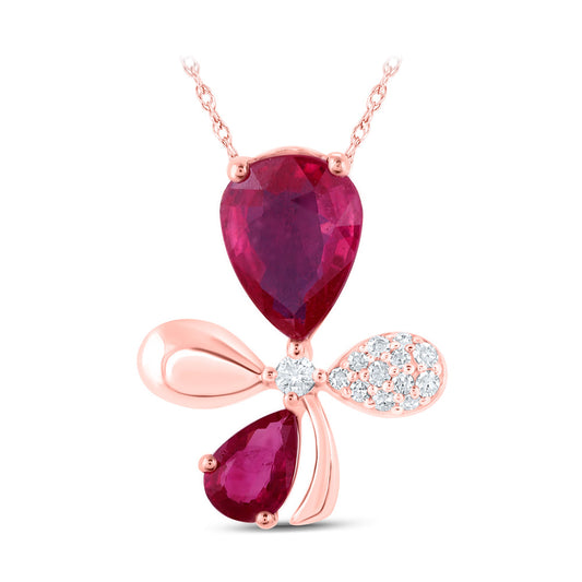 10K Rose Gold Womens Pear Ruby Diamond Flower Fashion Pendant 1-7/8 Cttw