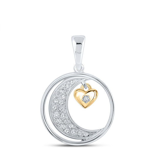 10K Two-tone Gold Womens Round Diamond Moon Heart Circle Pendant 1/6 Cttw