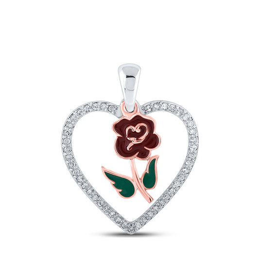 10K White Gold Womens Round Diamond Rose Heart Pendant 1/8 Cttw