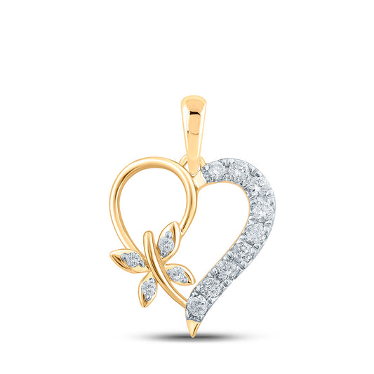 10K Yellow Gold Womens Round Diamond Butterfly Heart Pendant 1/4 Cttw, Length: 0.78 In, Width: 0.56 In