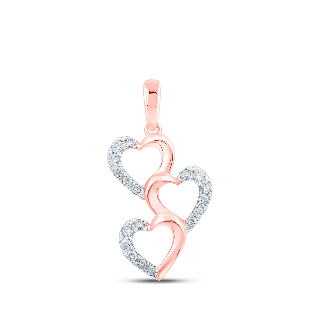 10K Rose Gold Womens Round Diamond Triple Heart Pendant 1/4 Cttw, Length: 0.96 In, Width: 0.52 In