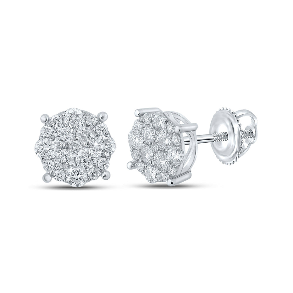 10K White Gold Round Diamond Cluster Earrings 3/4 Cttw