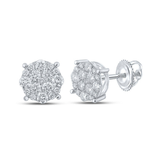 10K White Gold Round Diamond Cluster Earrings 3/4 Cttw