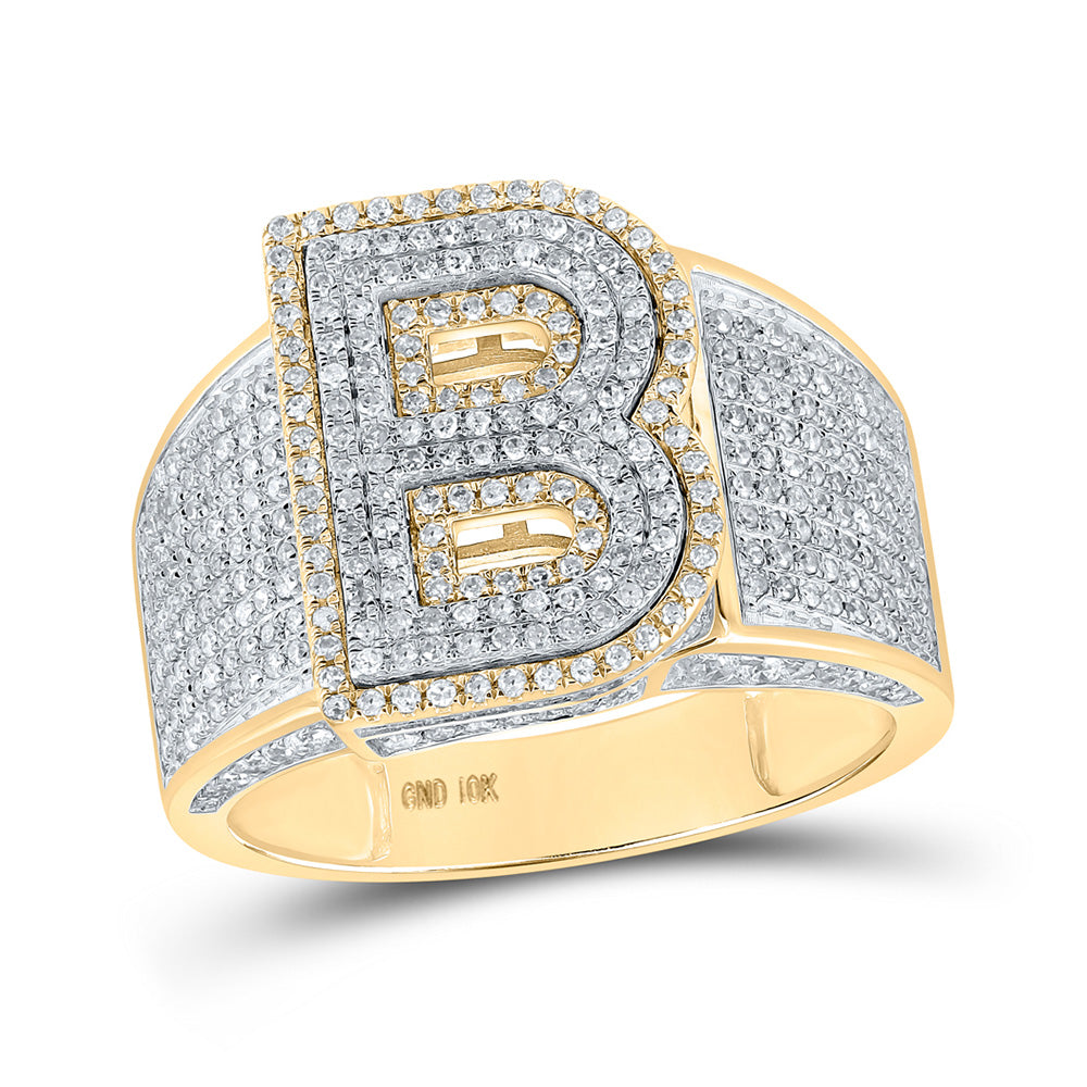 10K Two-tone Gold Mens Round Diamond Initial Letter Ring