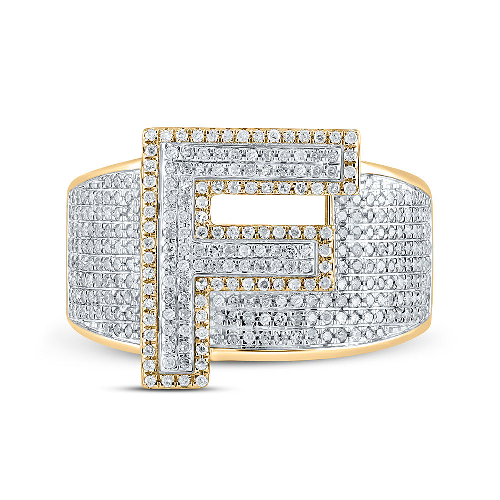 10K Two-tone Gold Mens Round Diamond Initial Letter Ring