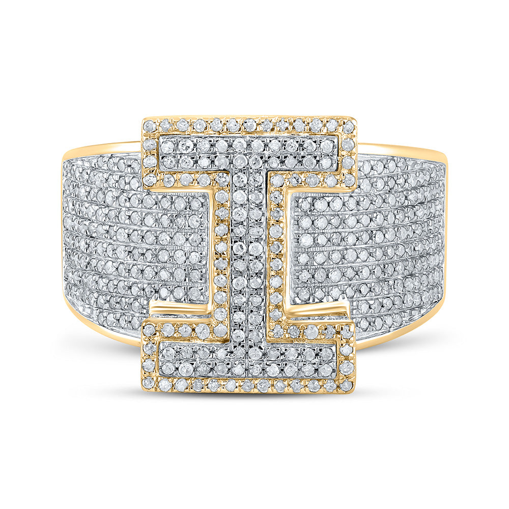 10K Two-tone Gold Mens Round Diamond Initial Letter Ring