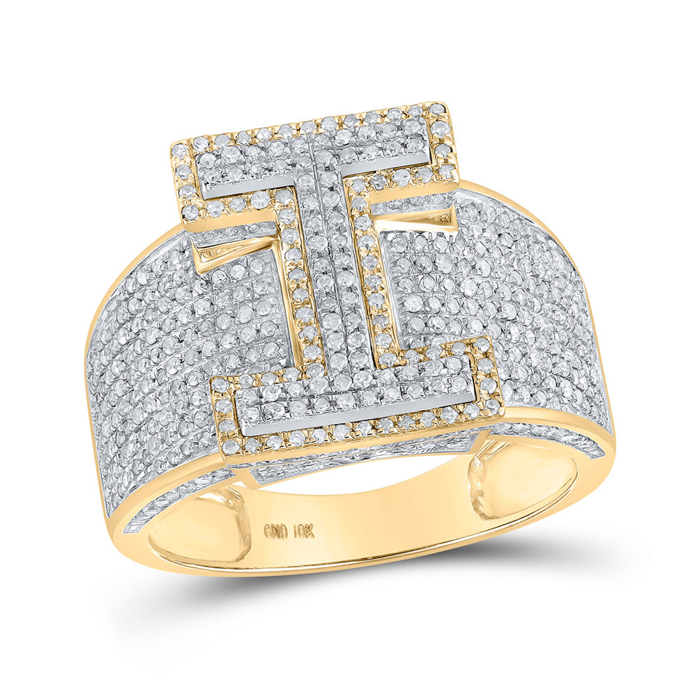 10K Two-tone Gold Mens Round Diamond Initial Letter Ring