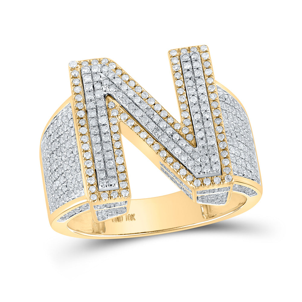 10K Two-tone Gold Mens Round Diamond Initial Letter Ring