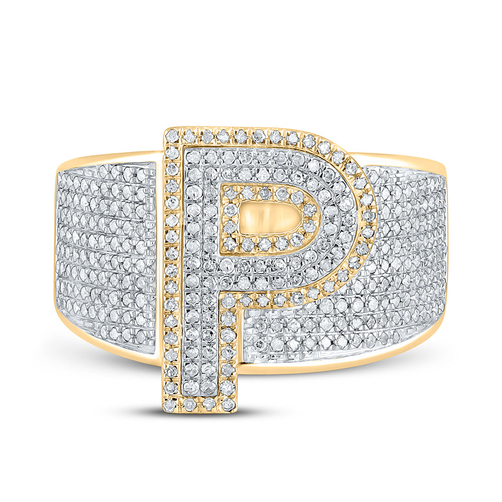 10K Two-tone Gold Mens Round Diamond Initial Letter Ring