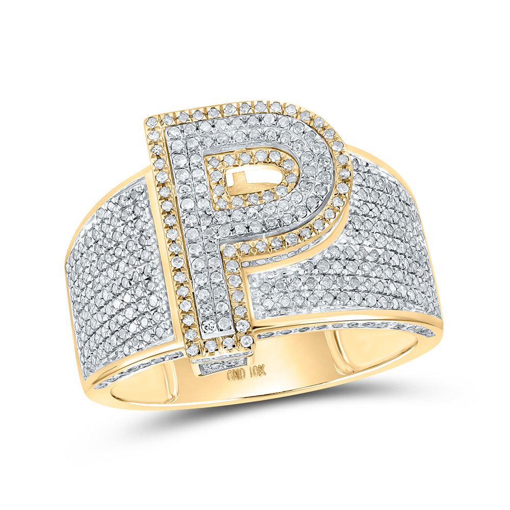 10K Two-tone Gold Mens Round Diamond Initial Letter Ring
