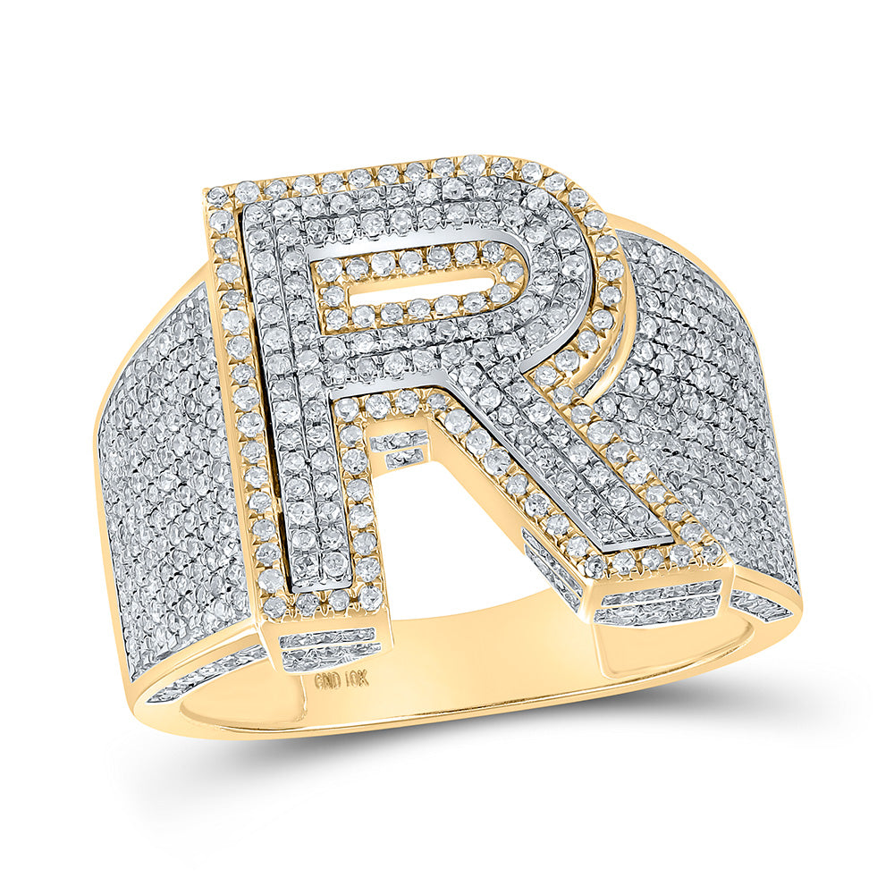 10K Two-tone Gold Mens Round Diamond Initial Letter Ring