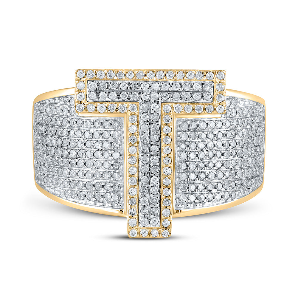10K Two-tone Gold Mens Round Diamond Initial Letter Ring