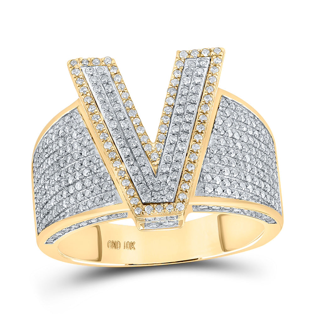 10K Two-tone Gold Mens Round Diamond Initial Letter Ring