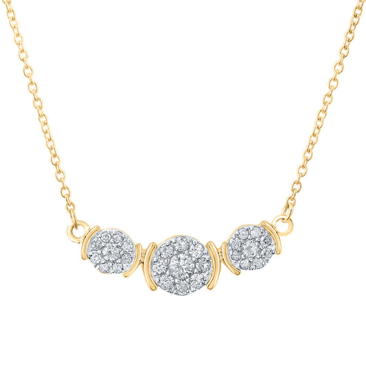 10K Yellow Gold Womens Round Diamond Triple Cluster Necklace 1/4 Cttw, Length: 17.5 In