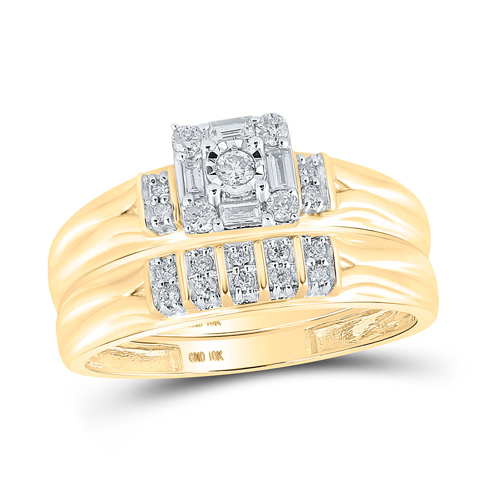 10K Yellow Gold His Hers Round Diamond Square Matching Wedding Set 1/3 Cttw, Womens Size: 5-10, Mens Size: 7-13