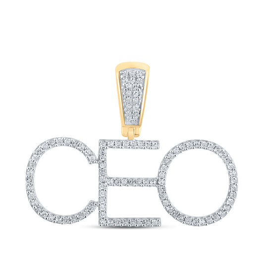 10K Yellow Gold Mens Round Diamond CEO Phrase Charm Pendant 1/3 Cttw, Length: 0.83 In, Width: 1.14 In