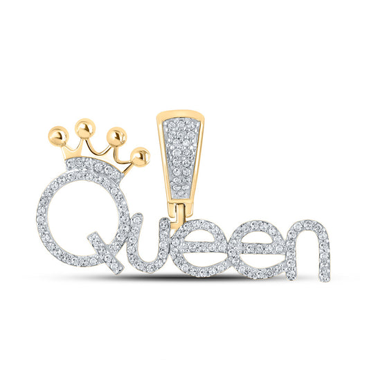 10K Yellow Gold Womens Round Diamond Queen Phrase Pendant 1/3 Cttw, Length: 0.62 In, Width: 1.2 In