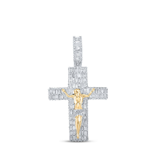 10K Yellow Gold Mens Baguette Diamond Jesus Cross Charm Pendant 3-7/8 Cttw, Length: 2.09 In, Width: 1.14 In