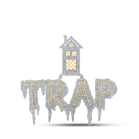 10K Yellow Gold Mens Baguette Diamond Trap House Drip Phrase Charm Pendant 8 Cttw, Length: 2.68 In
