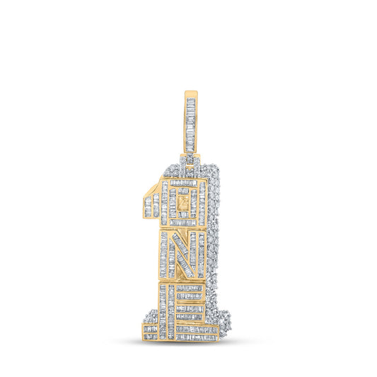 10K Yellow Gold Mens Baguette Diamond Number 1 Charm Pendant 2-5/8 Cttw, Length: 1.28 In, Width: 0.75 In