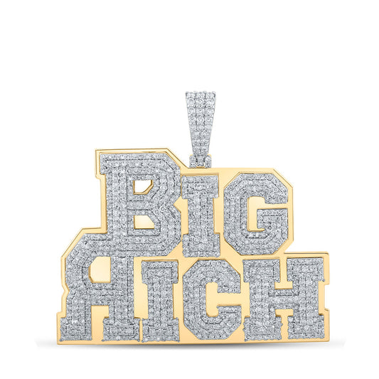 10K Yellow Gold Mens Round Diamond Big Rich Phrase Charm Pendant 3-3/8 Cttw, Length: 1.63 In, Width: 1.72 In