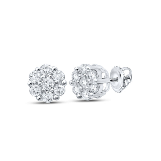10K White Gold Womens Round Diamond Flower Cluster Earrings 1/5 Cttw