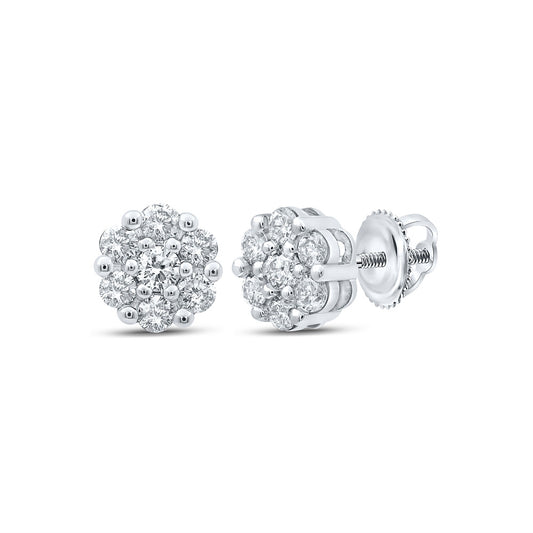 10K White Gold Womens Round Diamond Flower Cluster Earrings 1/2 Cttw