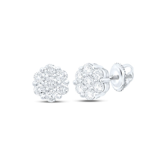 10K White Gold Womens Round Diamond Flower Cluster Earrings 1 Cttw