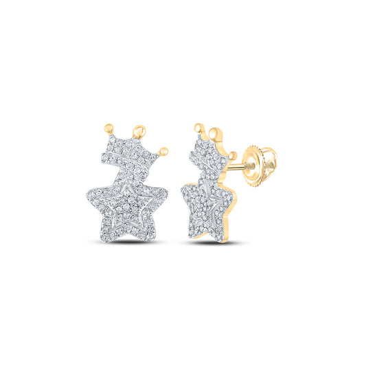 10K Yellow Gold Womens Round Diamond Crown Star Earrings 1/3 Cttw