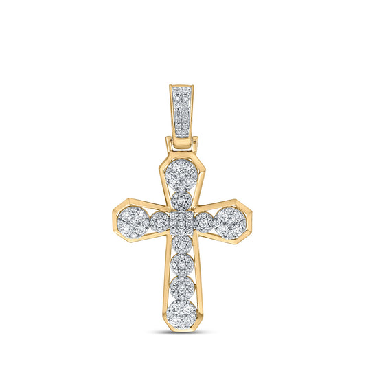 10K Yellow Gold Mens Round Diamond Cross Charm Pendant 1-1/2 Cttw