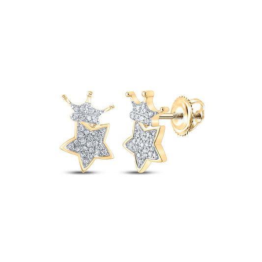 10K Yellow Gold Womens Round Diamond Crown Star Earrings 1/6 Cttw