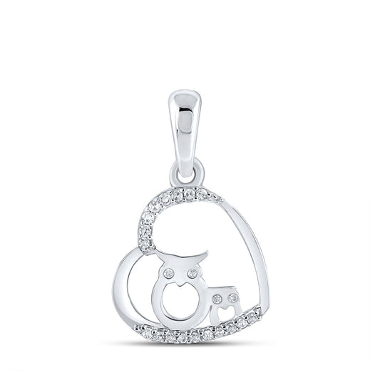 10K White Or Yellow Gold Womens Round Diamond Owl Heart Pendant