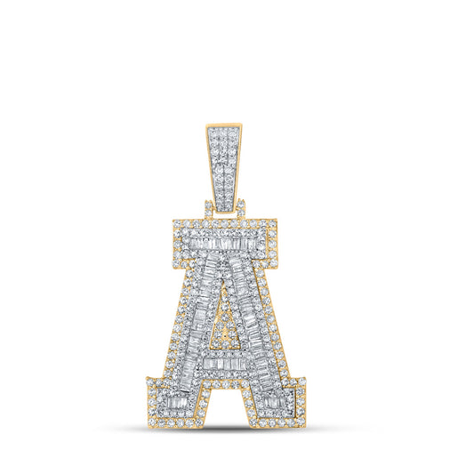 10K Two-tone Gold Mens Baguette Diamond Initial Letter Charm Pendant