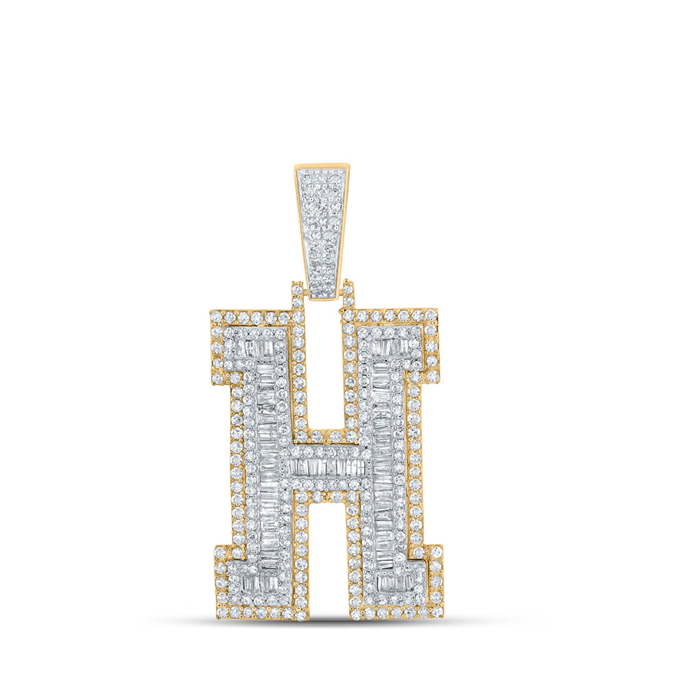 10K Two-tone Gold Mens Baguette Diamond Initial Letter Charm Pendant