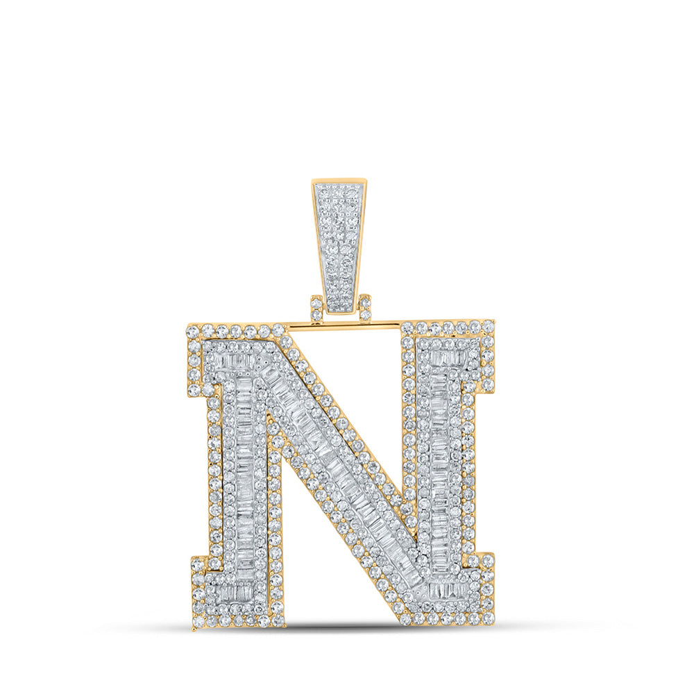 10K Two-tone Gold Mens Baguette Diamond Initial Letter Charm Pendant