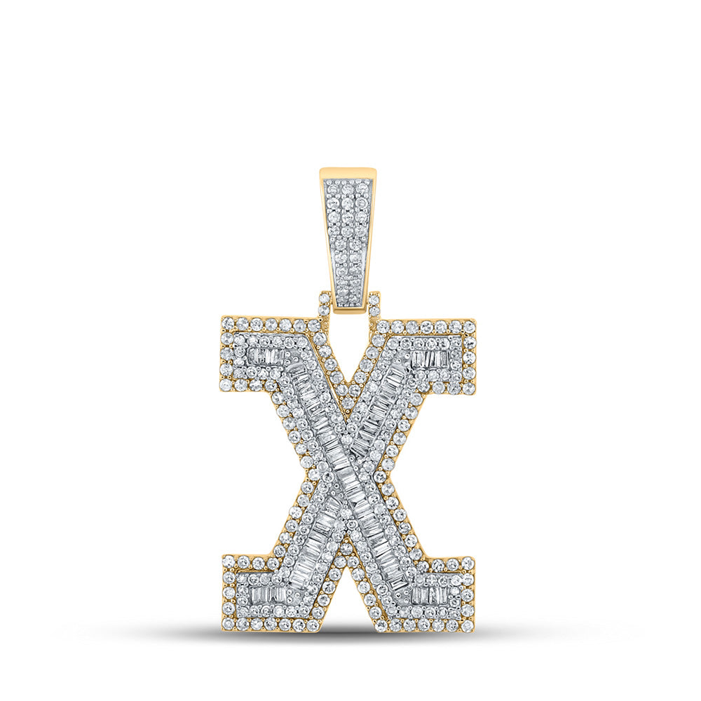 10K Two-tone Gold Mens Baguette Diamond Initial Letter Charm Pendant