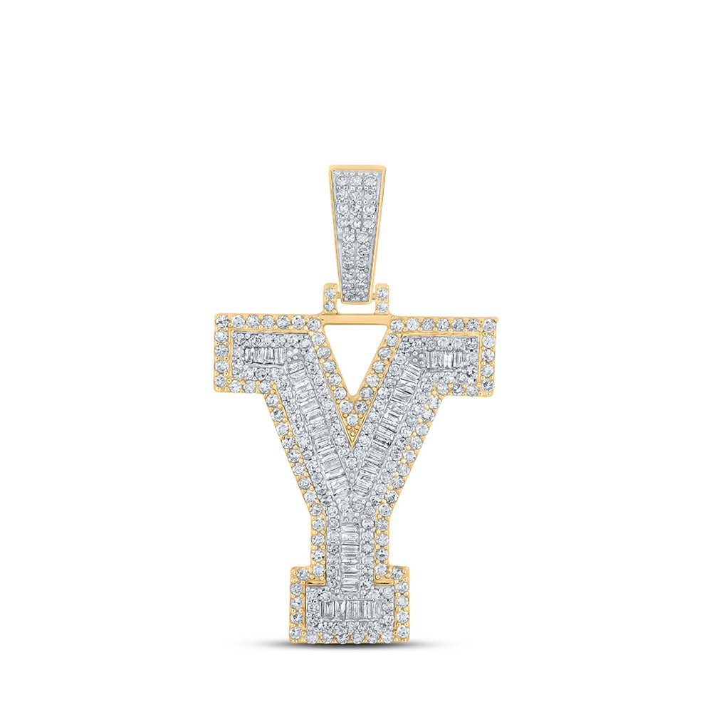 10K Two-tone Gold Mens Baguette Diamond Initial Letter Charm Pendant